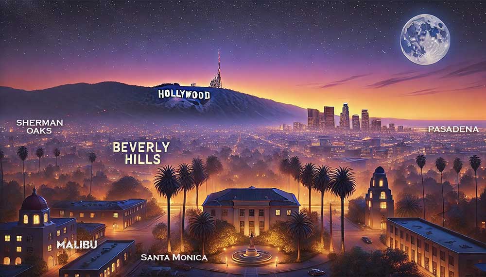 Illustrated Los Angeles-area map showing Hollywood, Beverly Hills, Malibu, Santa Monica and Pasadena