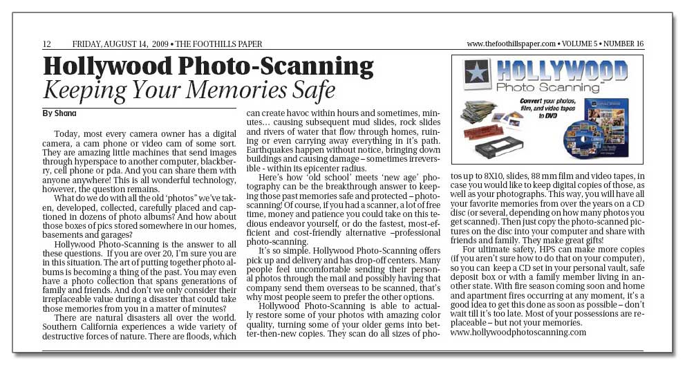 Foothills Paper article about Hollywood Photo Scanning
