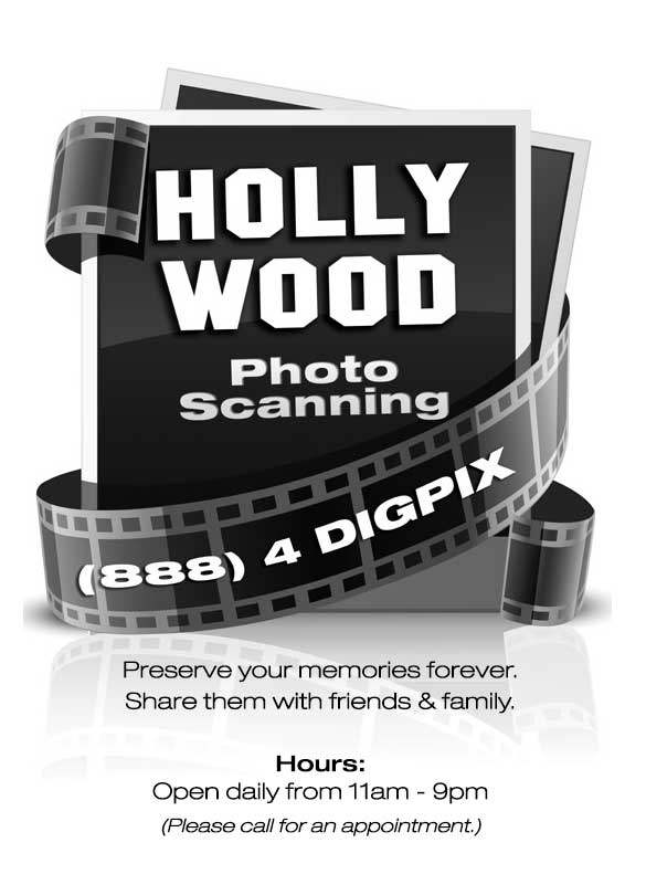 Hollywood Photo Scanning classic logo with phone number and hours