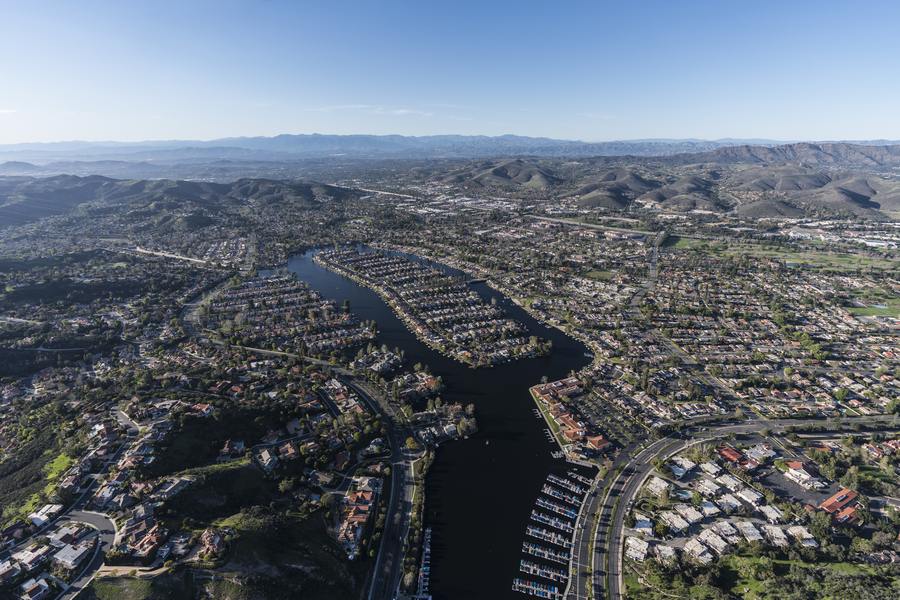 Aerial view of Westlake Village, Westlake Lake and the Santa Monica Mountains
